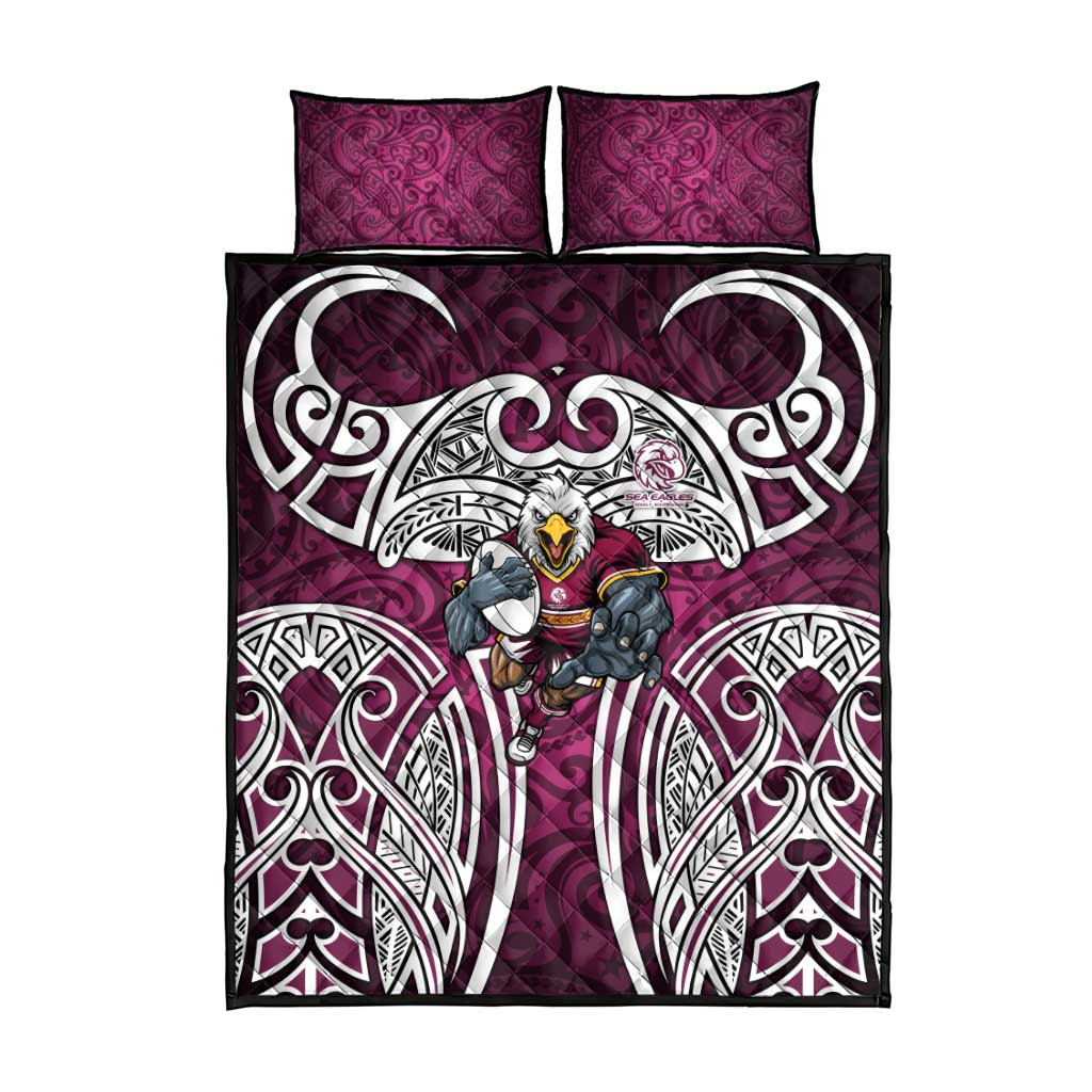 Manly Warringah Sea Eagles Rugby Quilt Bed Set Polynesian Tribal Eagle Warrior Maroon Pattern
