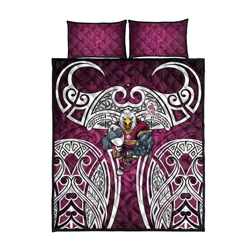Manly Warringah Sea Eagles Rugby Quilt Bed Set Polynesian Tribal Eagle Warrior Maroon Pattern