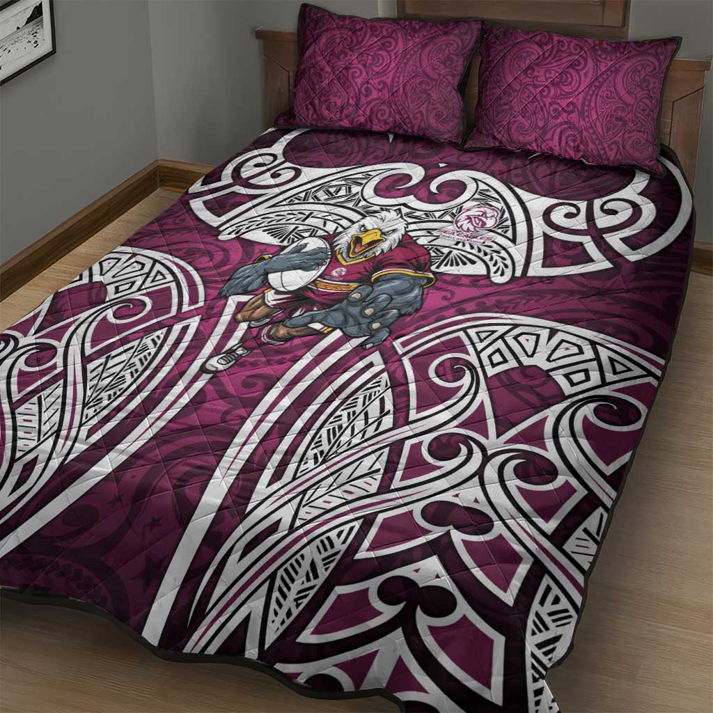 Manly Warringah Sea Eagles Rugby Quilt Bed Set Polynesian Tribal Eagle Warrior Maroon Pattern