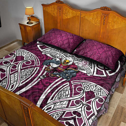 Manly Warringah Sea Eagles Rugby Quilt Bed Set Polynesian Tribal Eagle Warrior Maroon Pattern