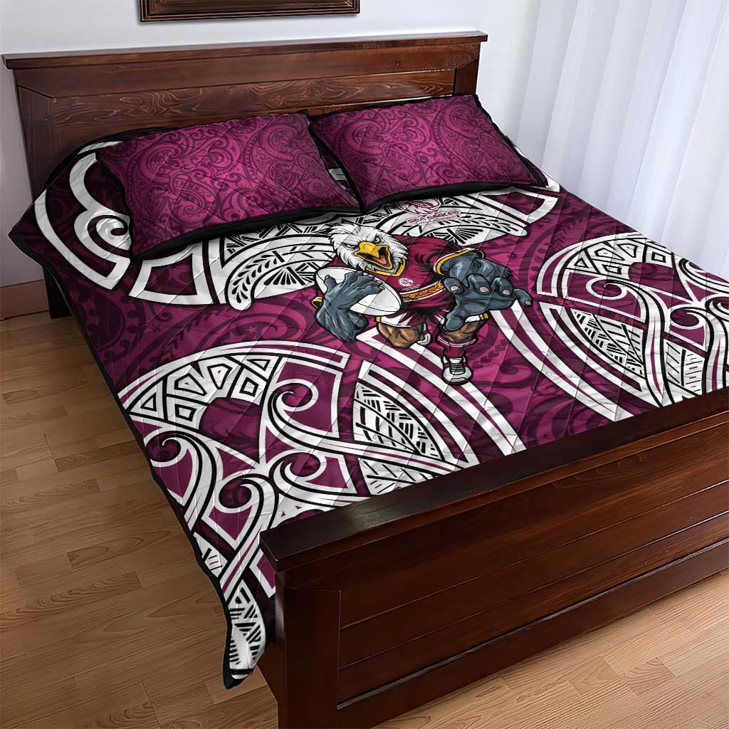Manly Warringah Sea Eagles Rugby Quilt Bed Set Polynesian Tribal Eagle Warrior Maroon Pattern