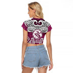 Manly Warringah Sea Eagles Rugby Raglan Cropped T Shirt Polynesian Tribal Eagle Warrior Maroon Pattern