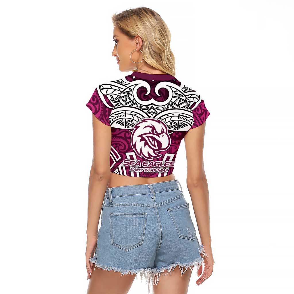 Manly Warringah Sea Eagles Rugby Raglan Cropped T Shirt Polynesian Tribal Eagle Warrior Maroon Pattern