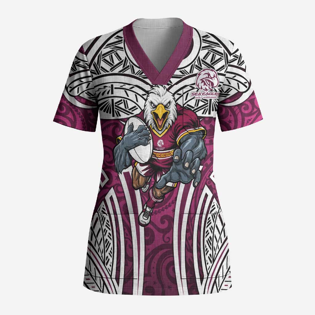 Manly Warringah Sea Eagles Rugby Scrub Top Polynesian Tribal Eagle Warrior Maroon Pattern