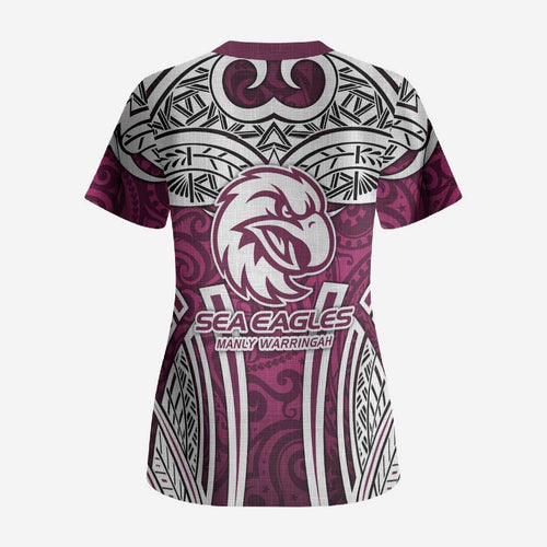 Manly Warringah Sea Eagles Rugby Scrub Top Polynesian Tribal Eagle Warrior Maroon Pattern