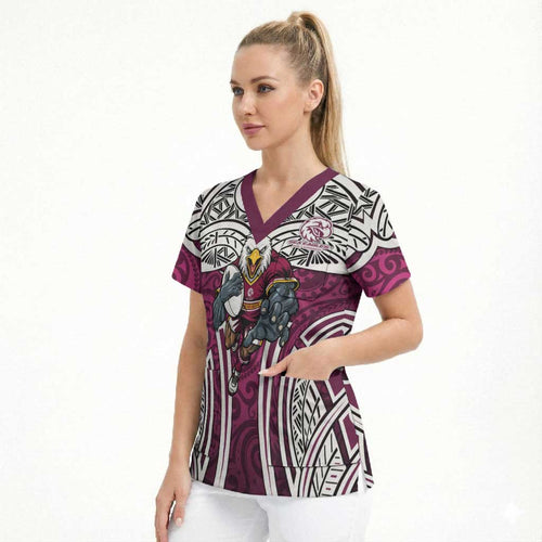Manly Warringah Sea Eagles Rugby Scrub Top Polynesian Tribal Eagle Warrior Maroon Pattern