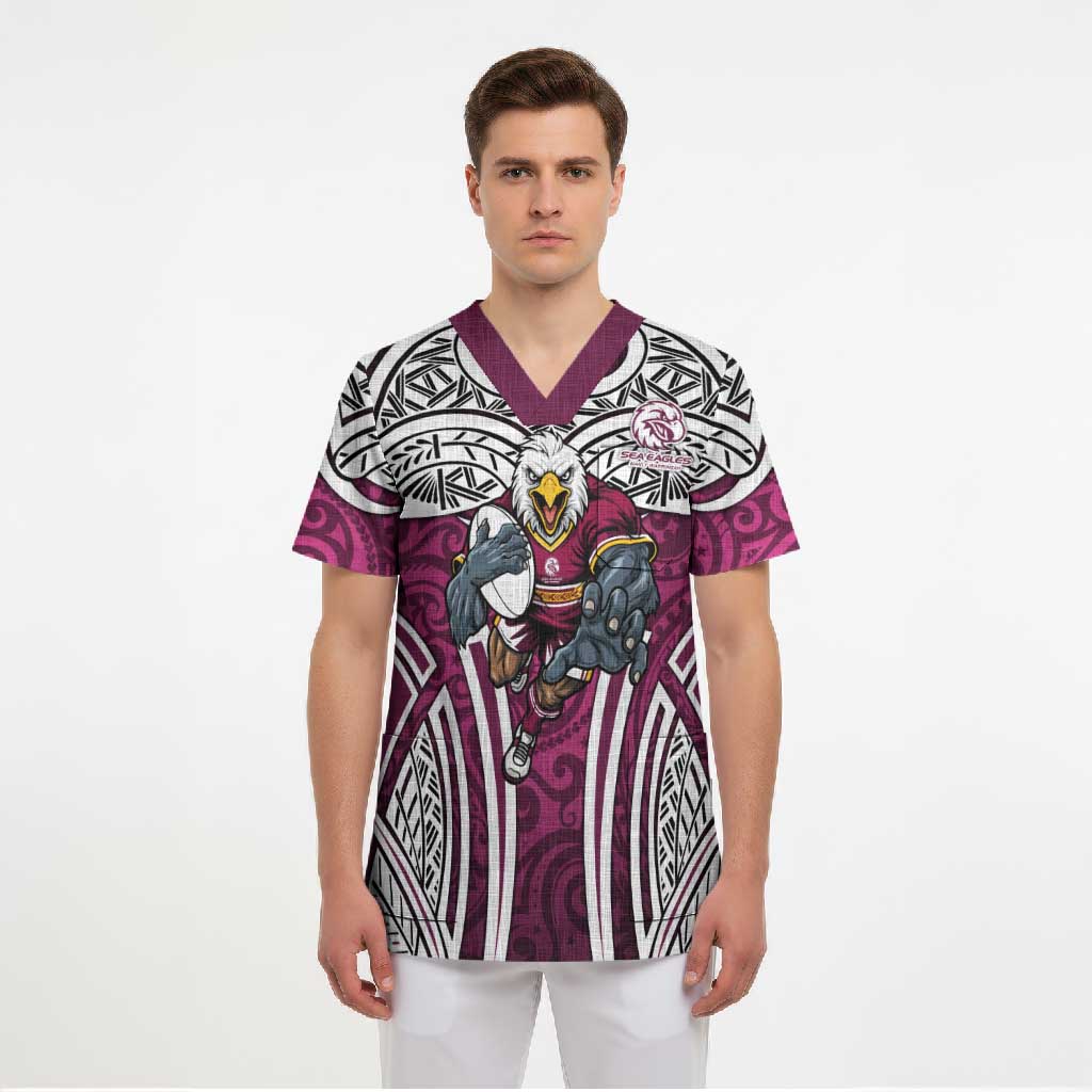 Manly Warringah Sea Eagles Rugby Scrub Top Polynesian Tribal Eagle Warrior Maroon Pattern