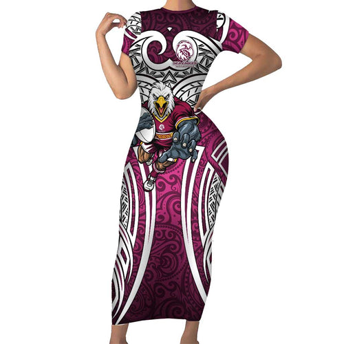 Manly Warringah Sea Eagles Rugby Short Sleeve Bodycon Dress Polynesian Tribal Eagle Warrior Maroon Pattern