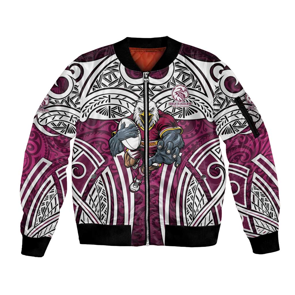 Manly Warringah Sea Eagles Rugby Sleeve Zip Bomber Jacket Polynesian Tribal Eagle Warrior Maroon Pattern