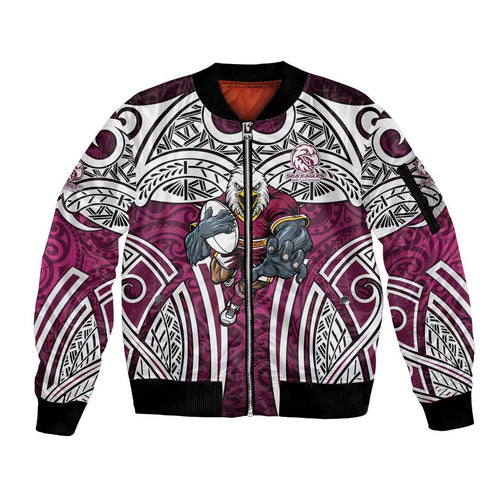 Manly Warringah Sea Eagles Rugby Sleeve Zip Bomber Jacket Polynesian Tribal Eagle Warrior Maroon Pattern