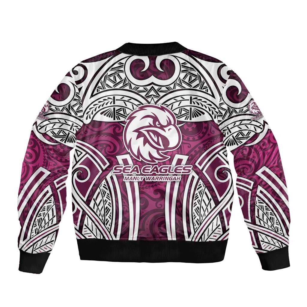 Manly Warringah Sea Eagles Rugby Sleeve Zip Bomber Jacket Polynesian Tribal Eagle Warrior Maroon Pattern