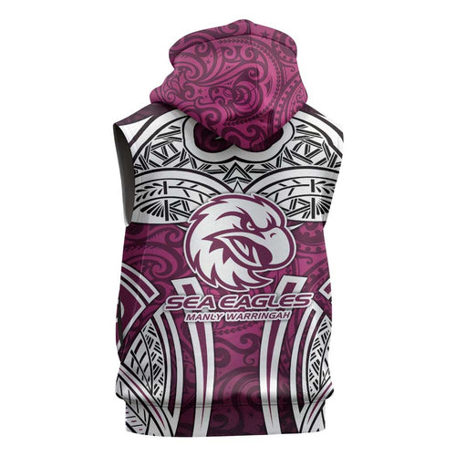 Manly Warringah Sea Eagles Rugby Sleeveless Hoodie Polynesian Tribal Eagle Warrior Maroon Pattern