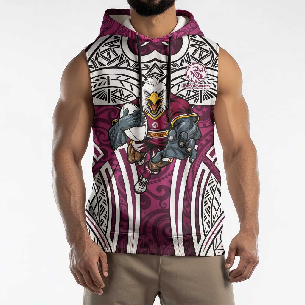 Manly Warringah Sea Eagles Rugby Sleeveless Hoodie Polynesian Tribal Eagle Warrior Maroon Pattern