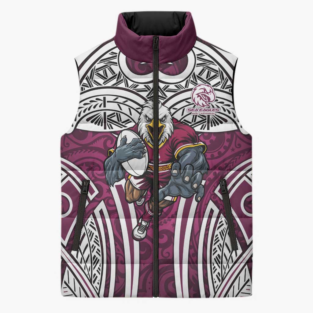 Manly Warringah Sea Eagles Rugby Sleeveless Puffer Jacket Polynesian Tribal Eagle Warrior Maroon Pattern