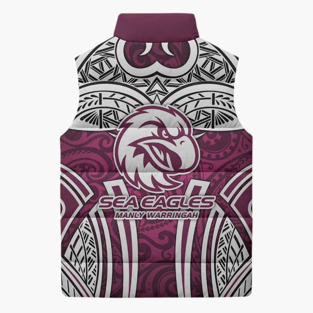 Manly Warringah Sea Eagles Rugby Sleeveless Puffer Jacket Polynesian Tribal Eagle Warrior Maroon Pattern