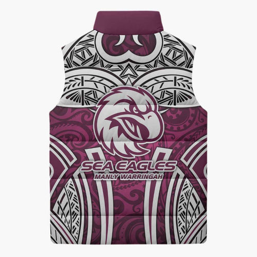 Manly Warringah Sea Eagles Rugby Sleeveless Puffer Jacket Polynesian Tribal Eagle Warrior Maroon Pattern