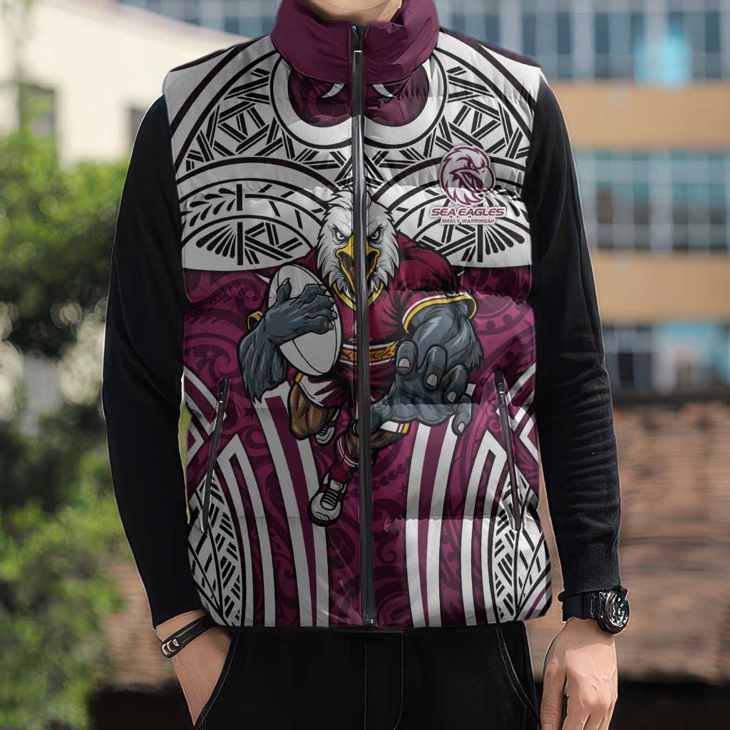 Manly Warringah Sea Eagles Rugby Sleeveless Puffer Jacket Polynesian Tribal Eagle Warrior Maroon Pattern
