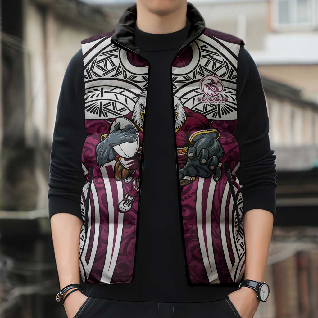 Manly Warringah Sea Eagles Rugby Sleeveless Puffer Jacket Polynesian Tribal Eagle Warrior Maroon Pattern