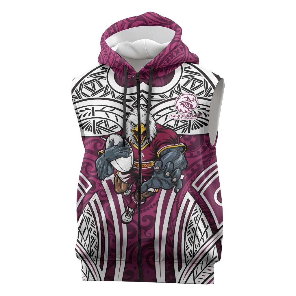 Manly Warringah Sea Eagles Rugby Sleeveless Zip Hoodie Polynesian Tribal Eagle Warrior Maroon Pattern