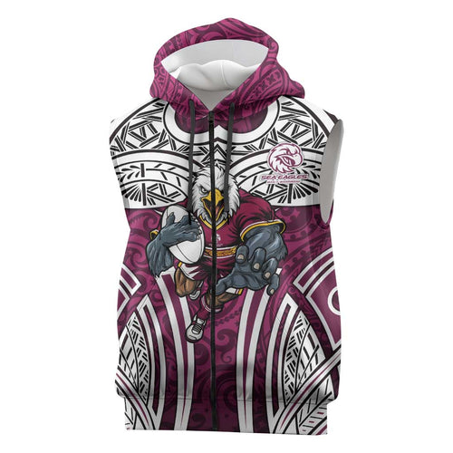 Manly Warringah Sea Eagles Rugby Sleeveless Zip Hoodie Polynesian Tribal Eagle Warrior Maroon Pattern