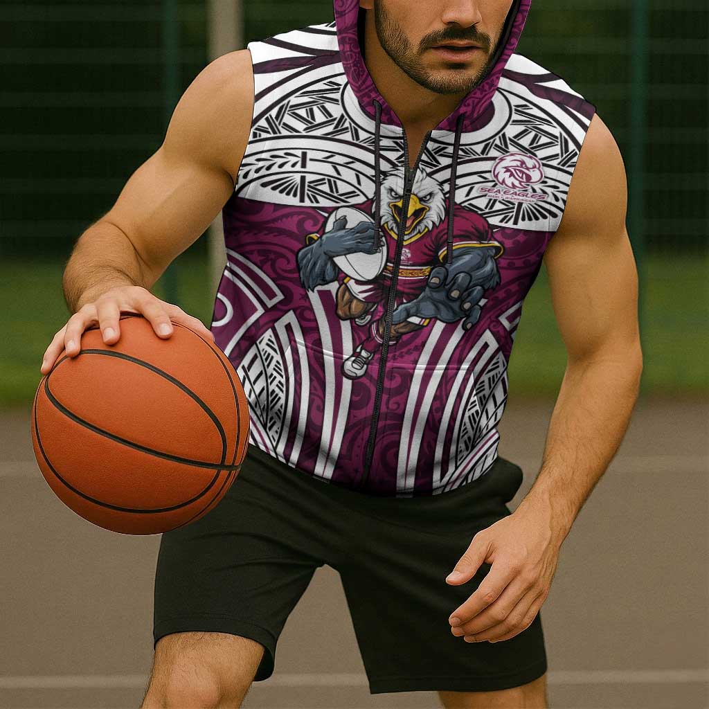 Manly Warringah Sea Eagles Rugby Sleeveless Zip Hoodie Polynesian Tribal Eagle Warrior Maroon Pattern
