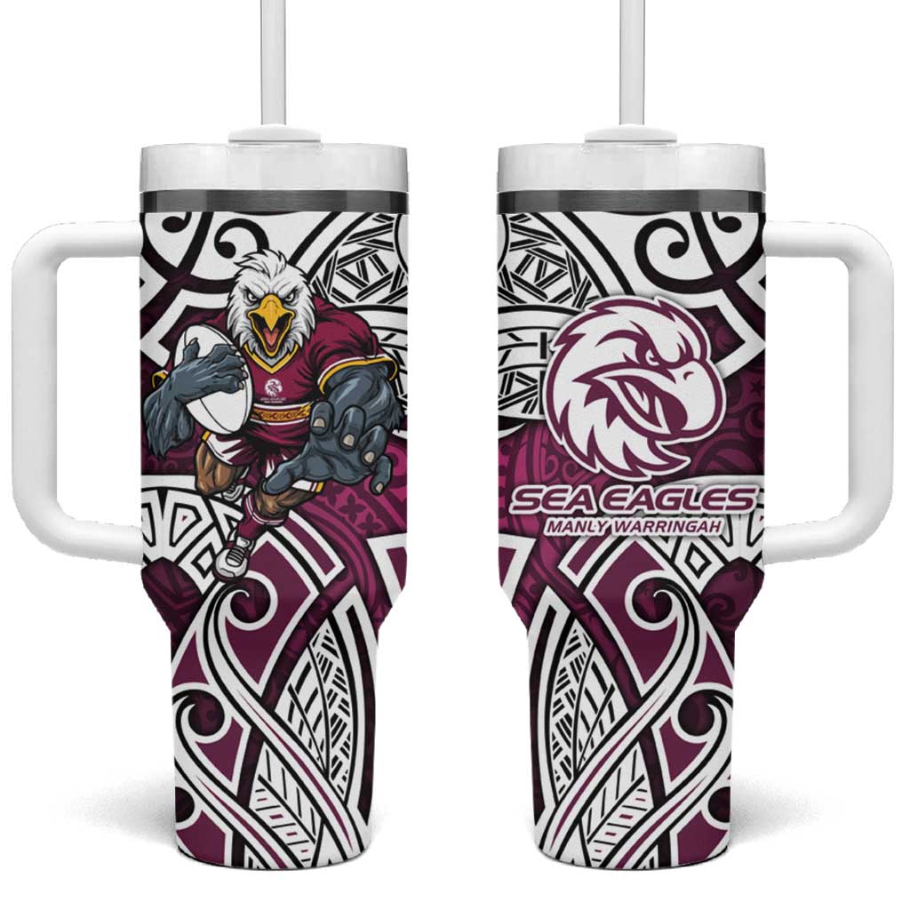 Manly Warringah Sea Eagles Rugby Tumbler With Handle Polynesian Tribal Eagle Warrior Maroon Pattern
