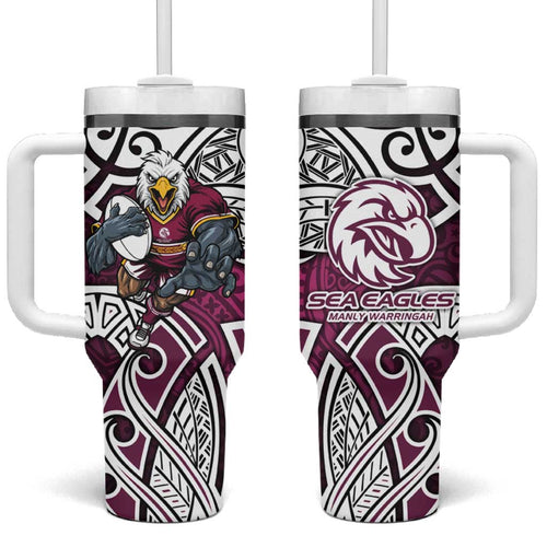 Manly Warringah Sea Eagles Rugby Tumbler With Handle Polynesian Tribal Eagle Warrior Maroon Pattern