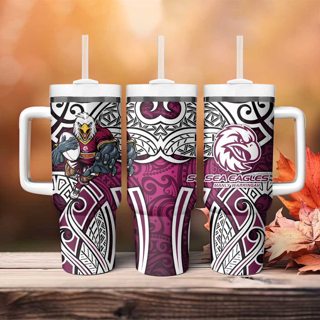 Manly Warringah Sea Eagles Rugby Tumbler With Handle Polynesian Tribal Eagle Warrior Maroon Pattern