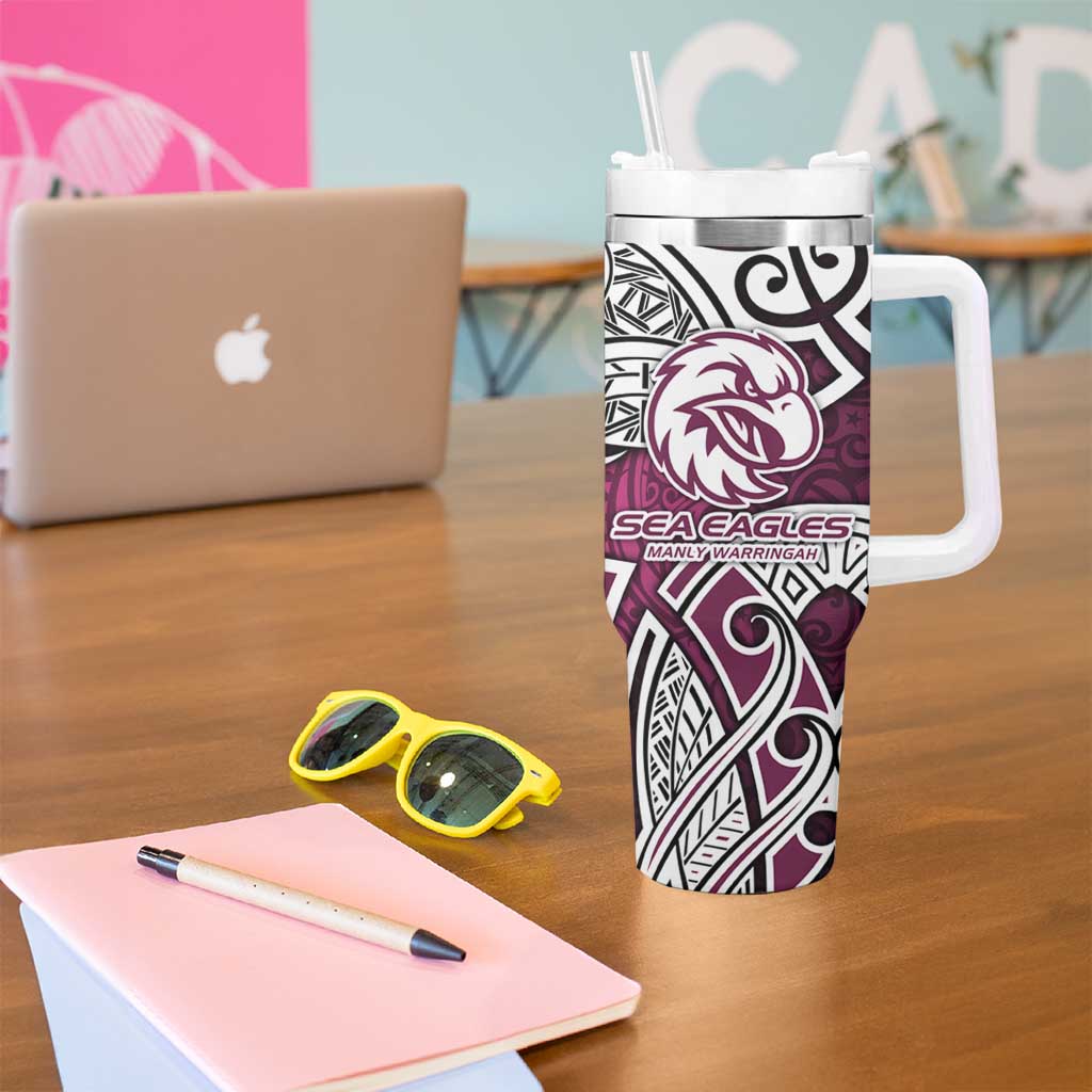 Manly Warringah Sea Eagles Rugby Tumbler With Handle Polynesian Tribal Eagle Warrior Maroon Pattern