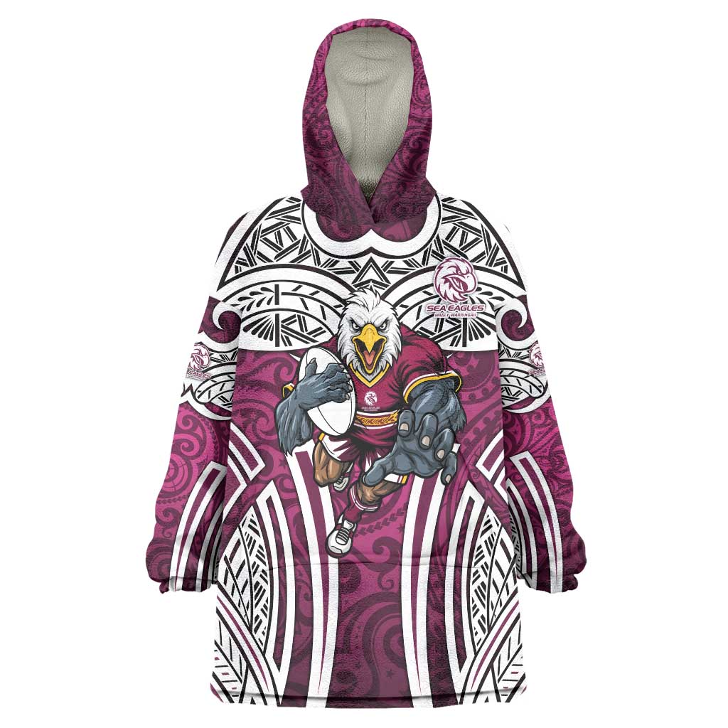 Manly Warringah Sea Eagles Rugby Wearable Blanket Hoodie Polynesian Tribal Eagle Warrior Maroon Pattern