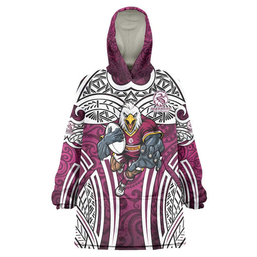 Manly Warringah Sea Eagles Rugby Wearable Blanket Hoodie Polynesian Tribal Eagle Warrior Maroon Pattern