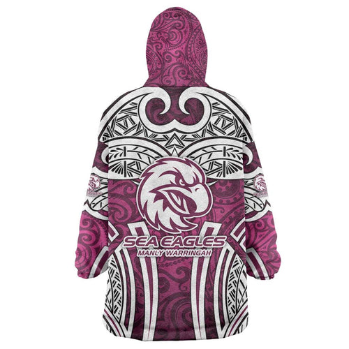 Manly Warringah Sea Eagles Rugby Wearable Blanket Hoodie Polynesian Tribal Eagle Warrior Maroon Pattern