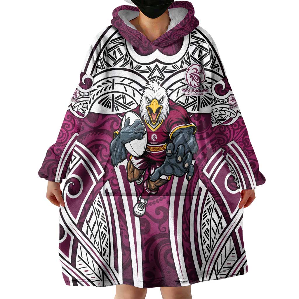 Manly Warringah Sea Eagles Rugby Wearable Blanket Hoodie Polynesian Tribal Eagle Warrior Maroon Pattern