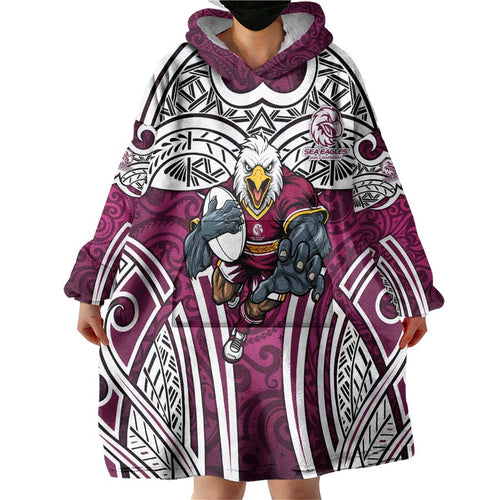 Manly Warringah Sea Eagles Rugby Wearable Blanket Hoodie Polynesian Tribal Eagle Warrior Maroon Pattern