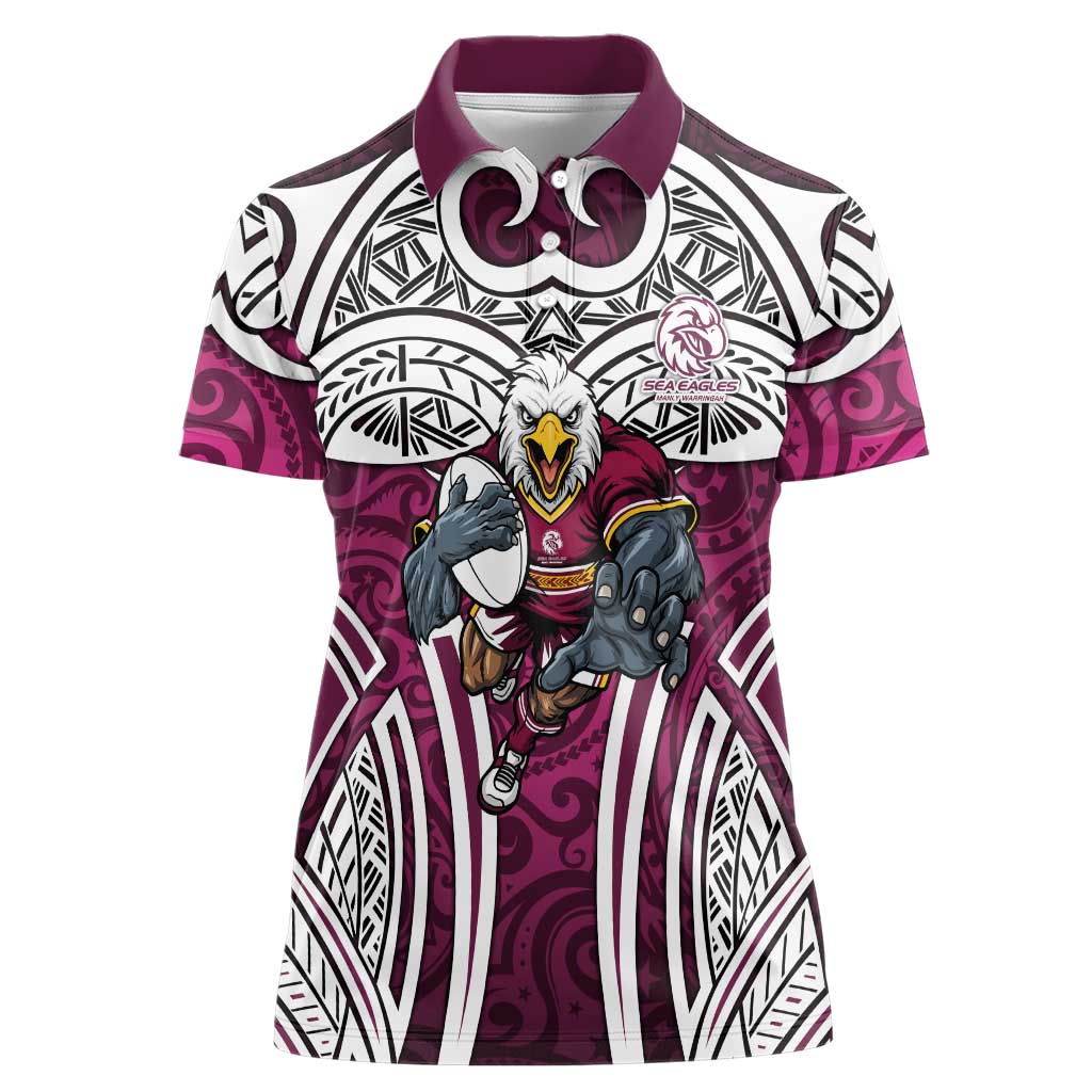 Manly Warringah Sea Eagles Rugby Women Polo Shirt Polynesian Tribal Eagle Warrior Maroon Pattern