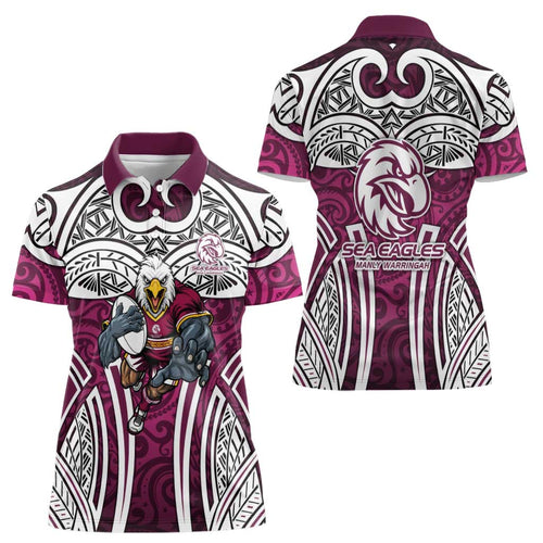 Manly Warringah Sea Eagles Rugby Women Polo Shirt Polynesian Tribal Eagle Warrior Maroon Pattern