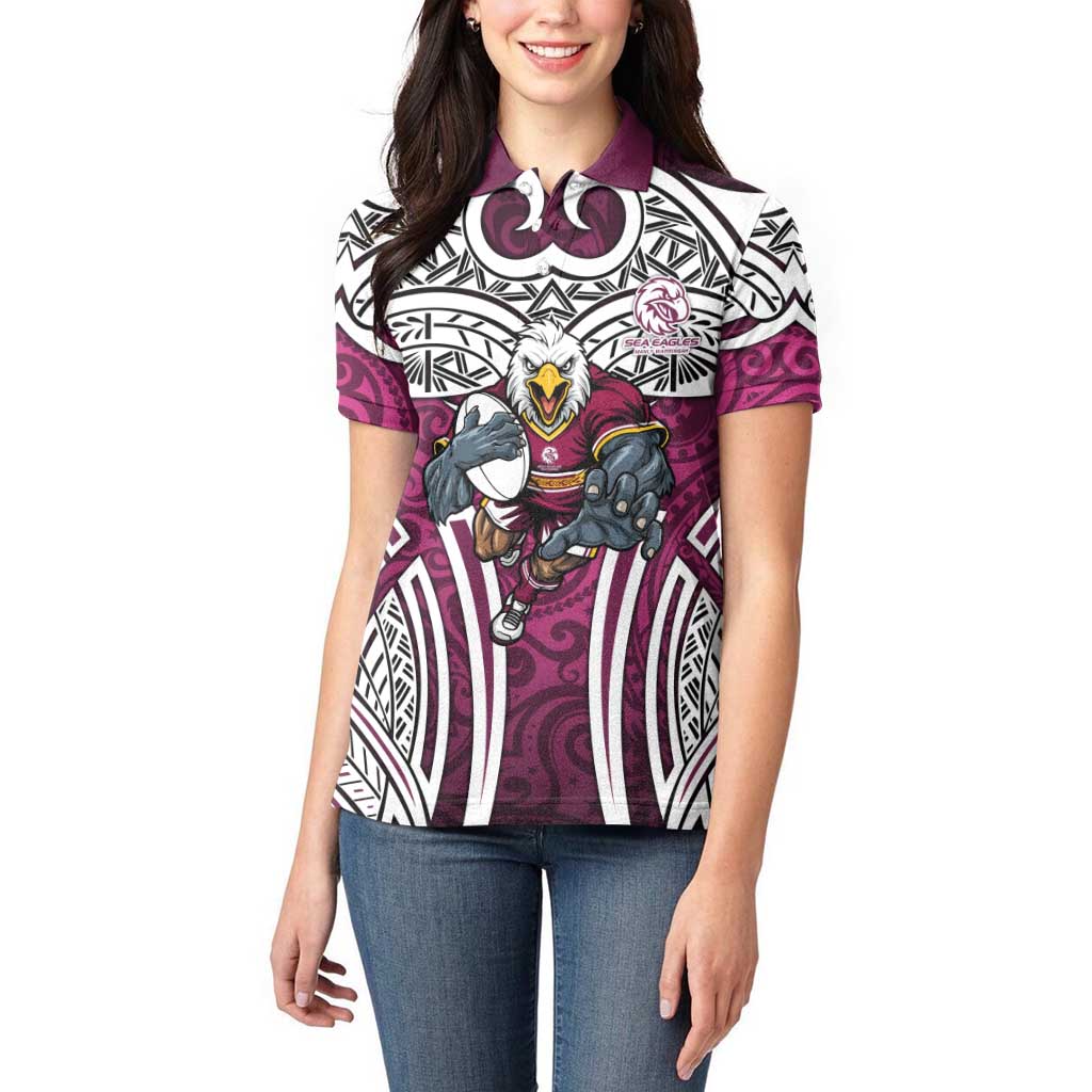 Manly Warringah Sea Eagles Rugby Women Polo Shirt Polynesian Tribal Eagle Warrior Maroon Pattern