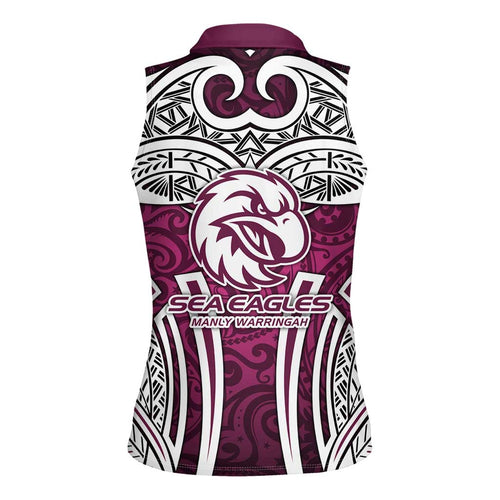 Manly Warringah Sea Eagles Rugby Women Sleeveless Polo Shirt Polynesian Tribal Eagle Warrior Maroon Pattern