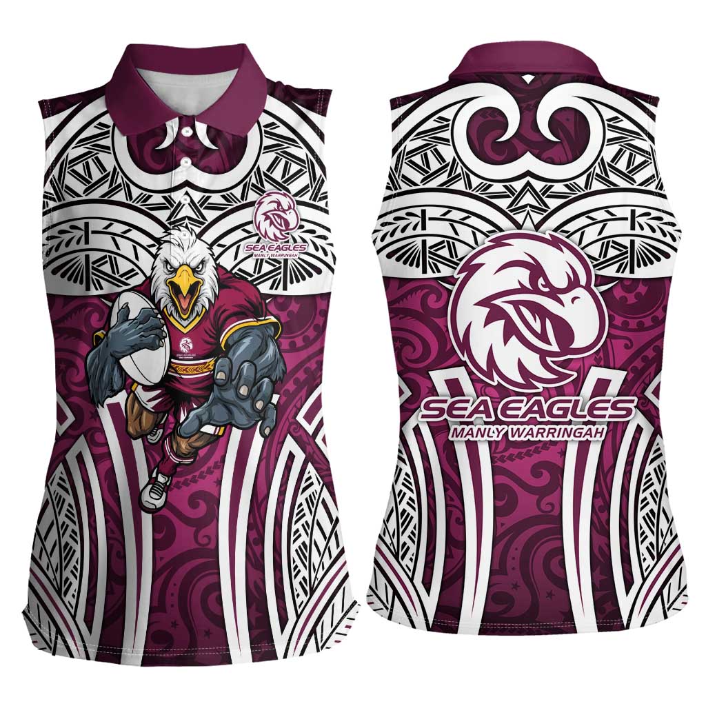 Manly Warringah Sea Eagles Rugby Women Sleeveless Polo Shirt Polynesian Tribal Eagle Warrior Maroon Pattern