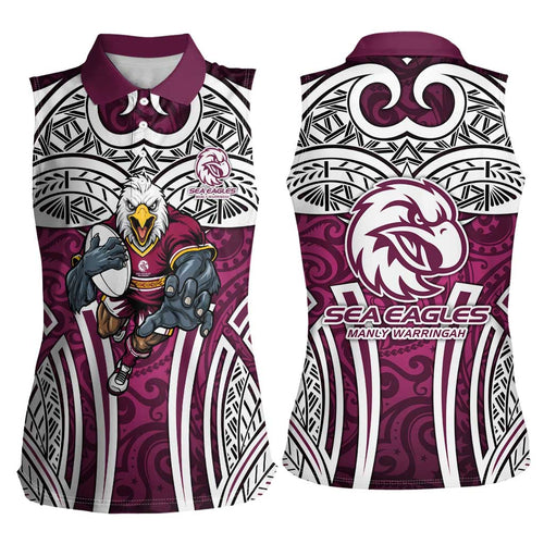 Manly Warringah Sea Eagles Rugby Women Sleeveless Polo Shirt Polynesian Tribal Eagle Warrior Maroon Pattern