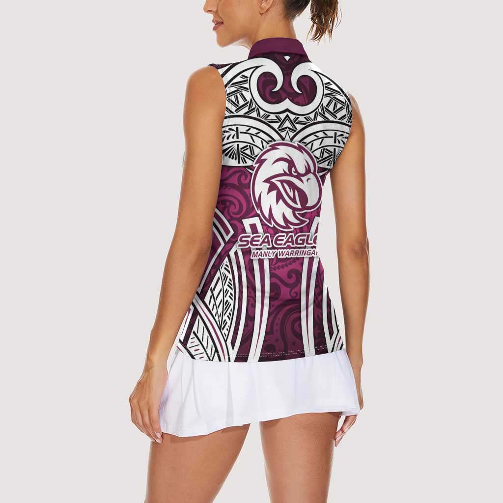 Manly Warringah Sea Eagles Rugby Women Sleeveless Polo Shirt Polynesian Tribal Eagle Warrior Maroon Pattern