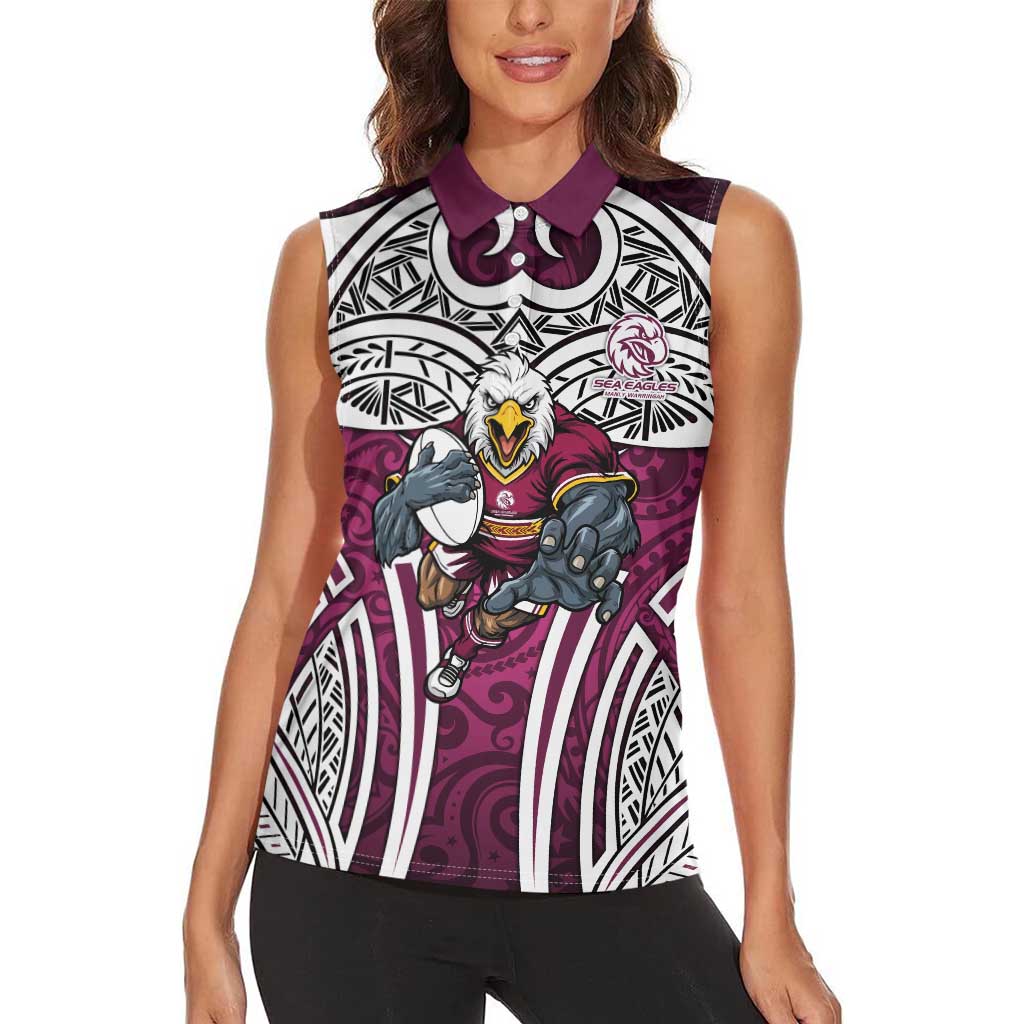 Manly Warringah Sea Eagles Rugby Women Sleeveless Polo Shirt Polynesian Tribal Eagle Warrior Maroon Pattern