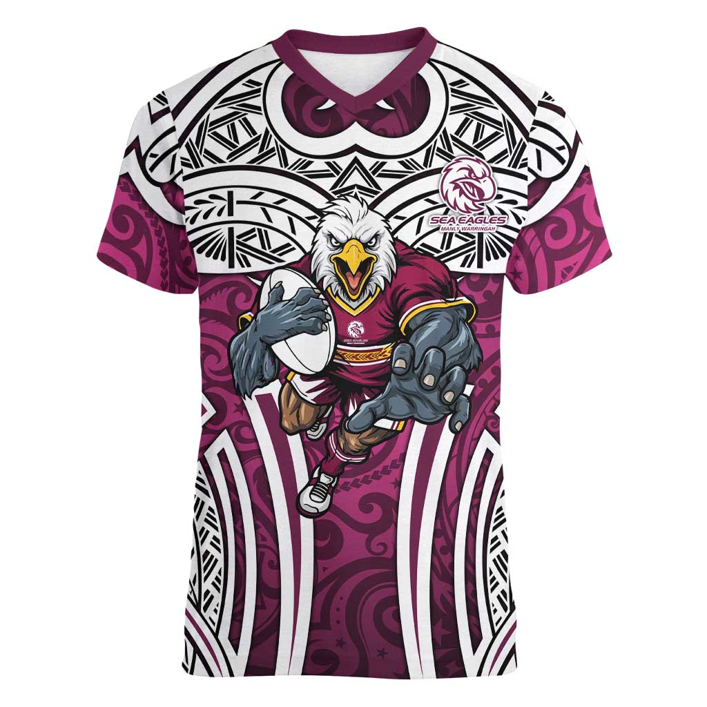 Manly Warringah Sea Eagles Rugby Women V-Neck T-Shirt Polynesian Tribal Eagle Warrior Maroon Pattern