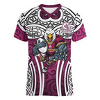 Manly Warringah Sea Eagles Rugby Women V-Neck T-Shirt Polynesian Tribal Eagle Warrior Maroon Pattern