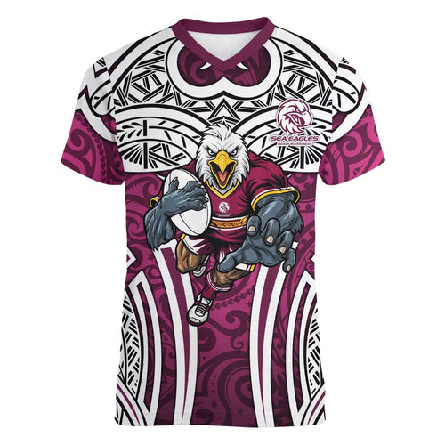 Manly Warringah Sea Eagles Rugby Women V-Neck T-Shirt Polynesian Tribal Eagle Warrior Maroon Pattern