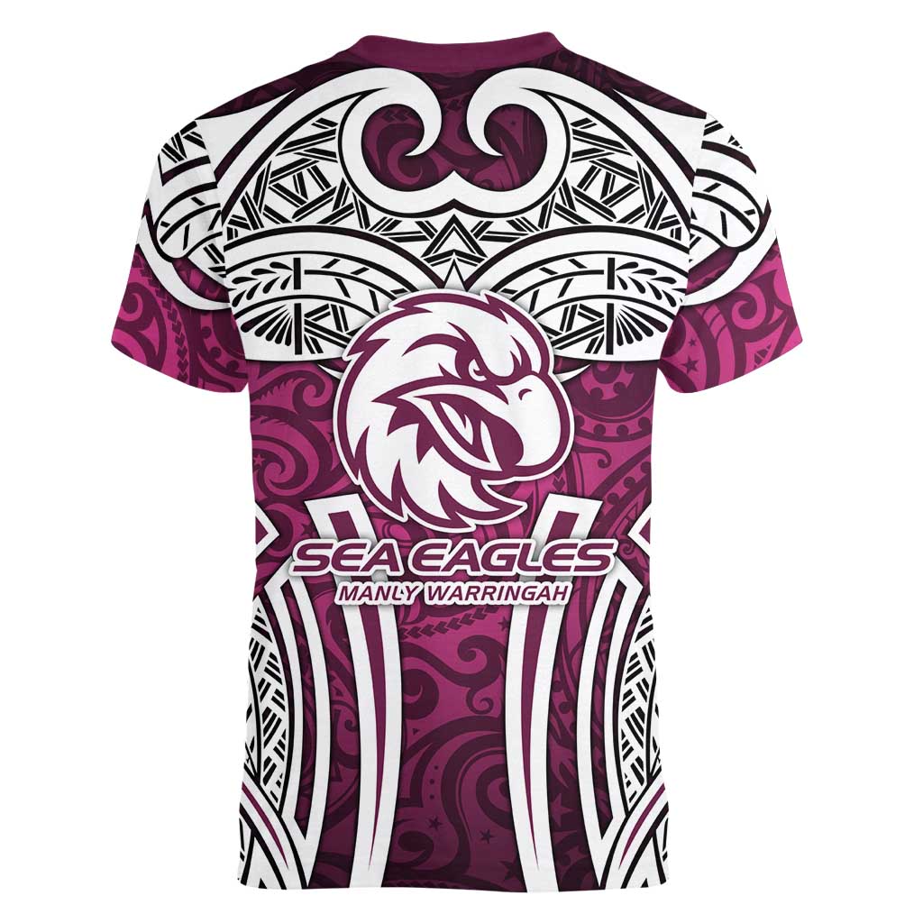 Manly Warringah Sea Eagles Rugby Women V-Neck T-Shirt Polynesian Tribal Eagle Warrior Maroon Pattern