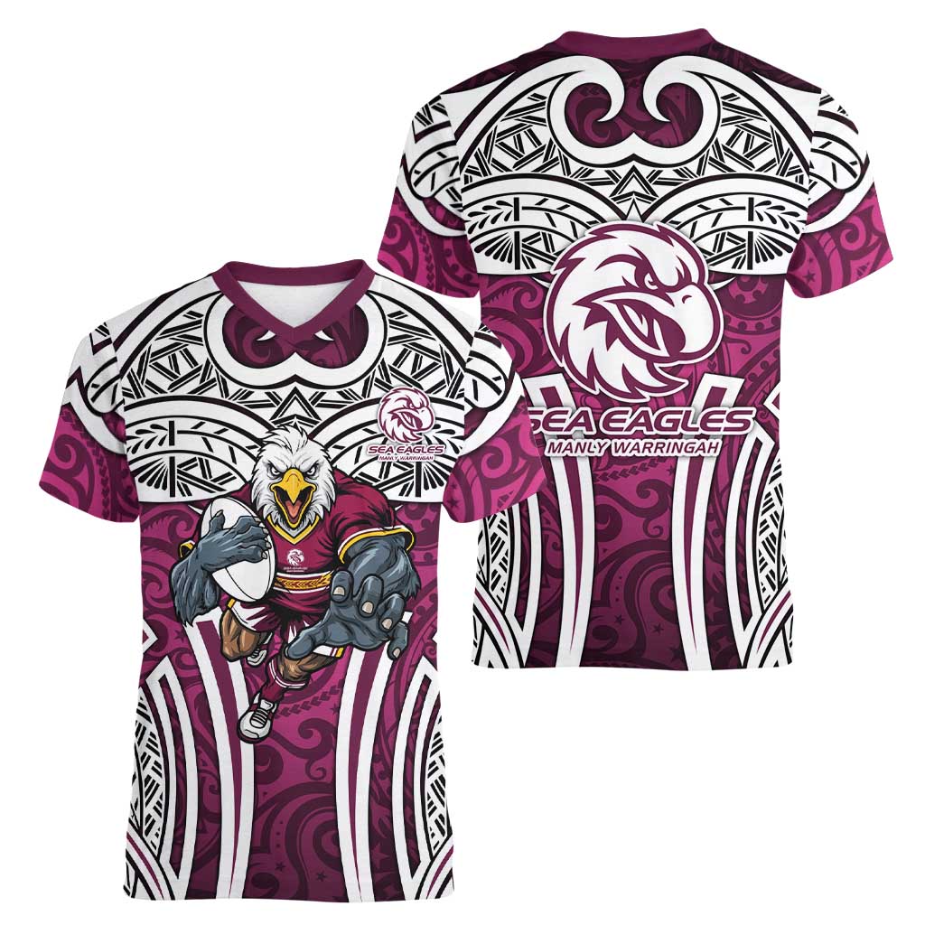 Manly Warringah Sea Eagles Rugby Women V-Neck T-Shirt Polynesian Tribal Eagle Warrior Maroon Pattern