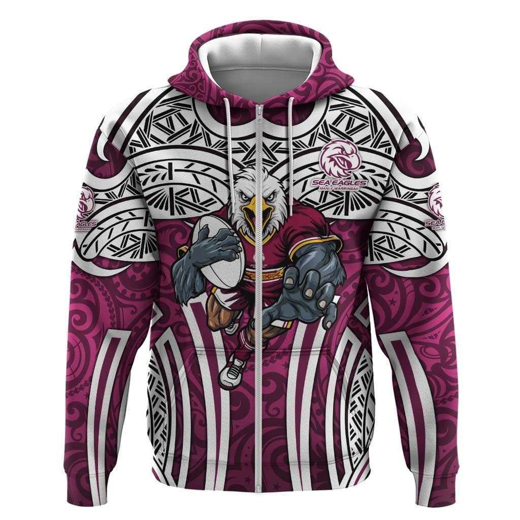 Manly Warringah Sea Eagles Rugby Zip Hoodie Polynesian Tribal Eagle Warrior Maroon Pattern