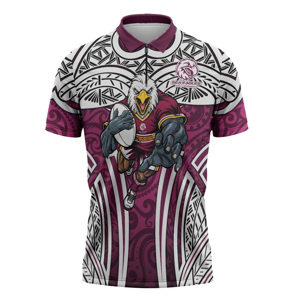 Manly Warringah Sea Eagles Rugby Zipper Polo Shirt Polynesian Tribal Eagle Warrior Maroon Pattern