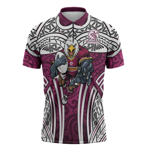 Manly Warringah Sea Eagles Rugby Zipper Polo Shirt Polynesian Tribal Eagle Warrior Maroon Pattern